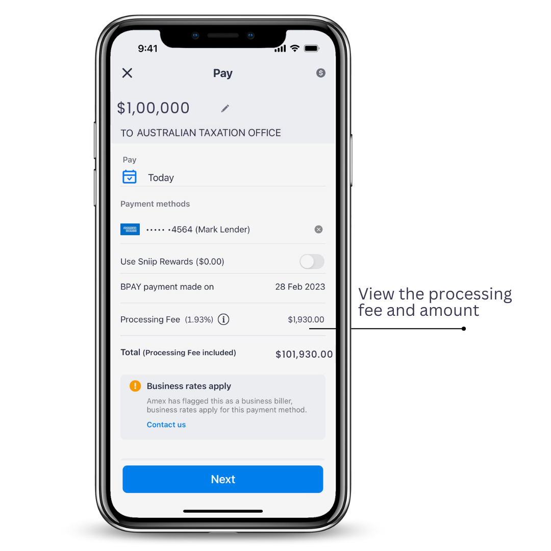 An image showing where the processing fee for payments is displayed in the Sniip app when making a business payment on an American Express.