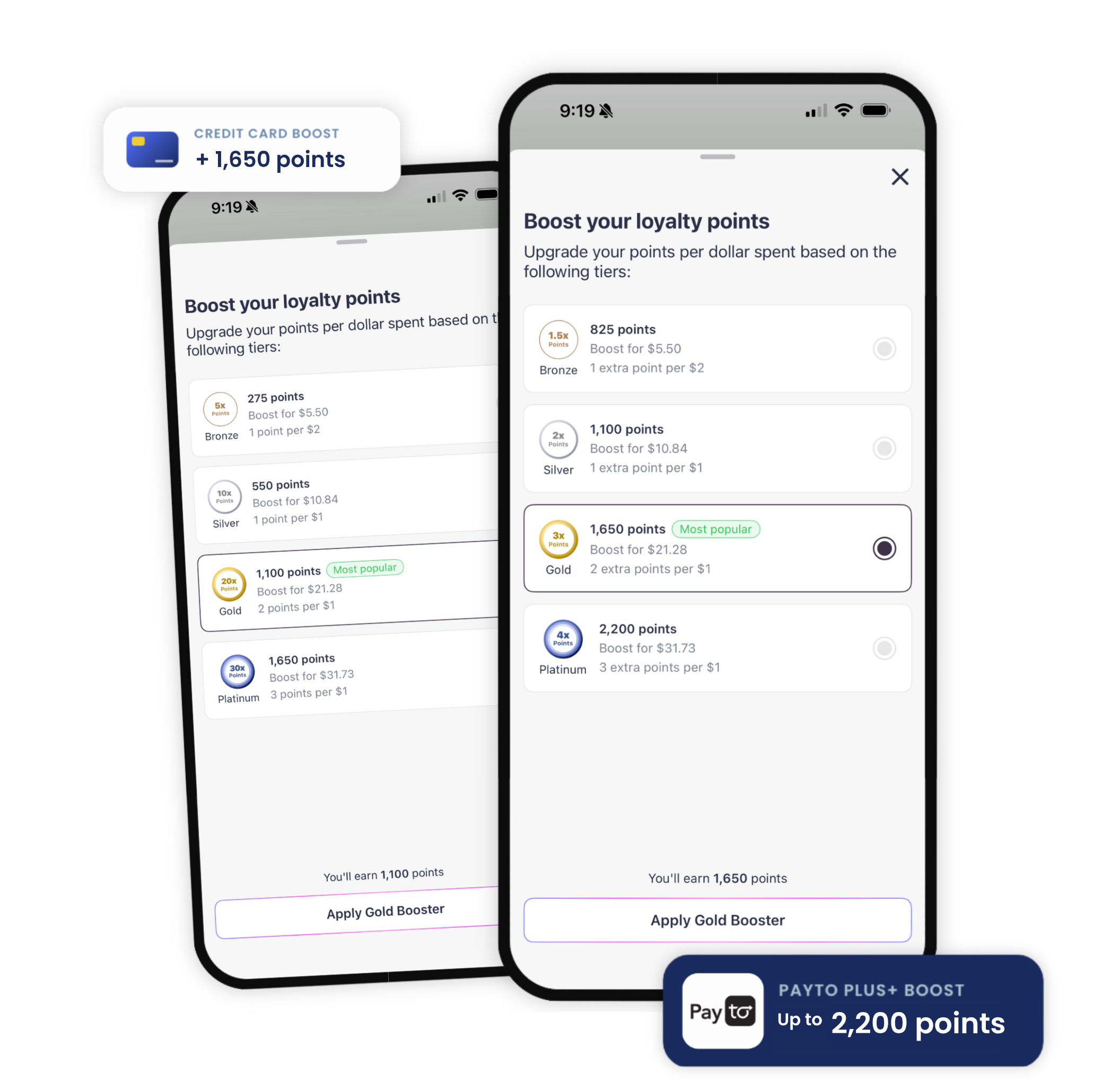 Sniip app — Boost your loyalty points screens with Credit Card and PayTo Plus+ boost callouts