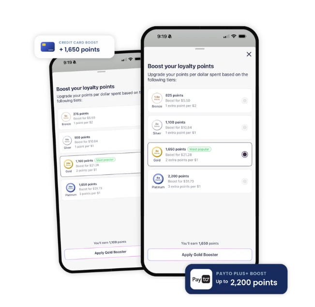 Sniip app — Boost your loyalty points screens with Credit Card and PayTo Plus+ boost callouts