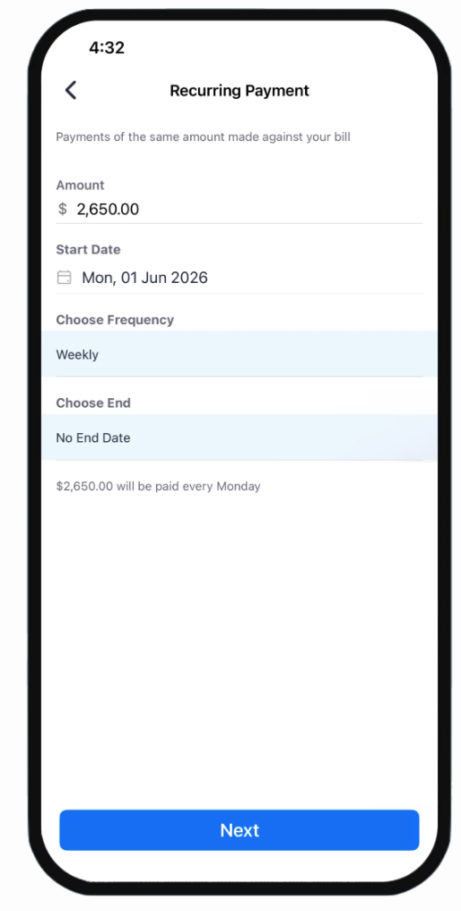 Sniip app recurring payment screen