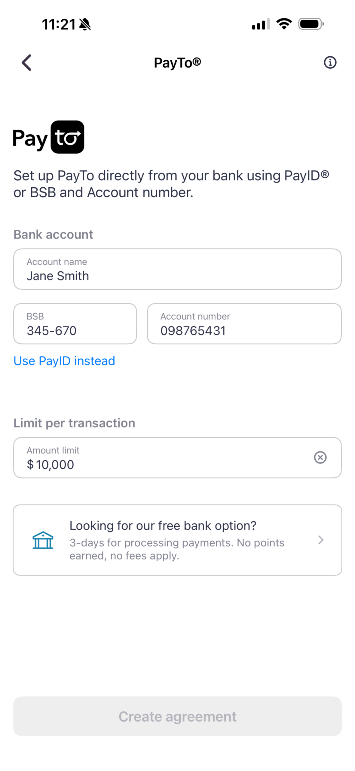 PayTo setup with BSB and account number in the Sniip app