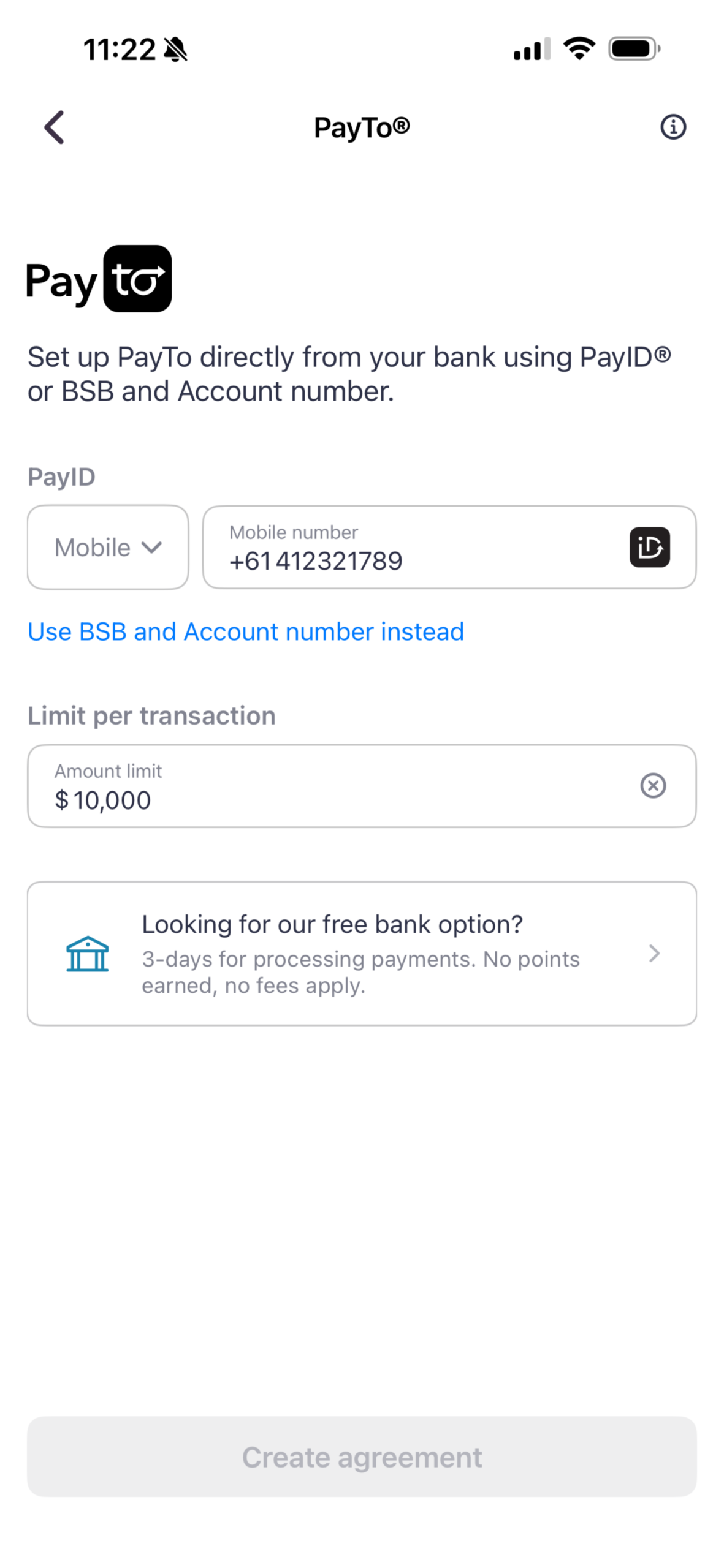 PayTo setup with a PayID in the Sniip app