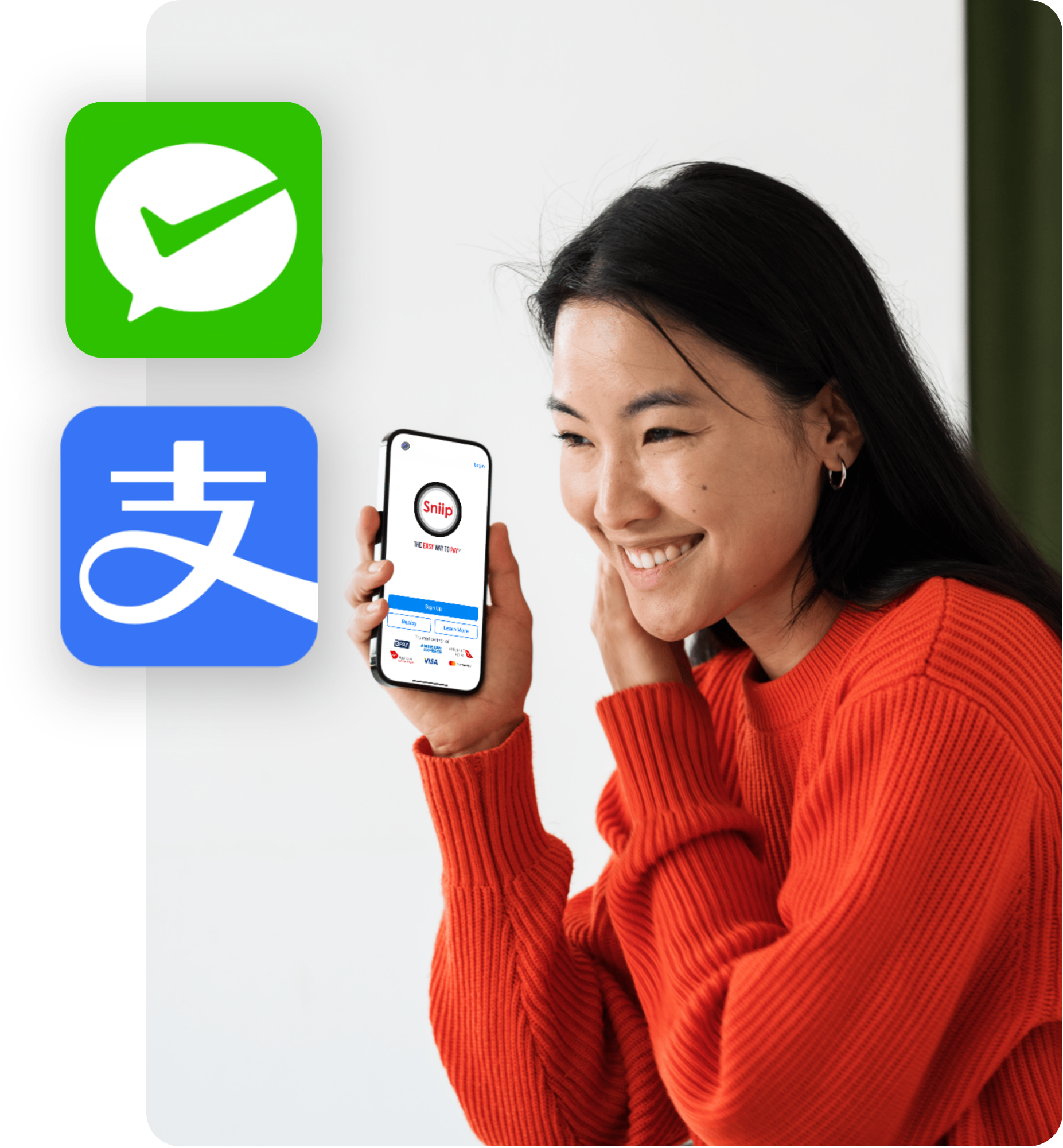 A person paying a bill with Sniip using WeChat Pay and Alipay