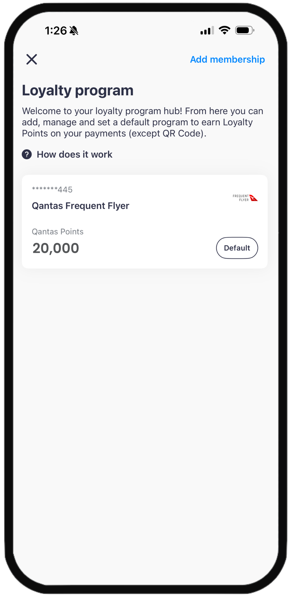 The Sniip app Loyalty program screen showing a linked Qantas Frequent Flyer membership with a 20,000 Qantas Points balance set as default