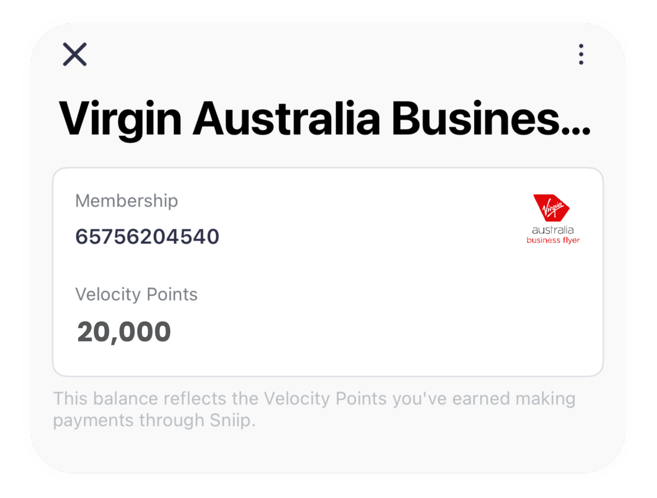 Virgin Australia Business Flyer membership in the Sniip app showing 20,000 Velocity Points