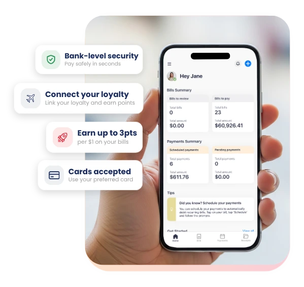 A hand holding the Sniip app dashboard: bills and payments summary, with bank-level security, loyalty, up-to-4pts earning and accepted cards