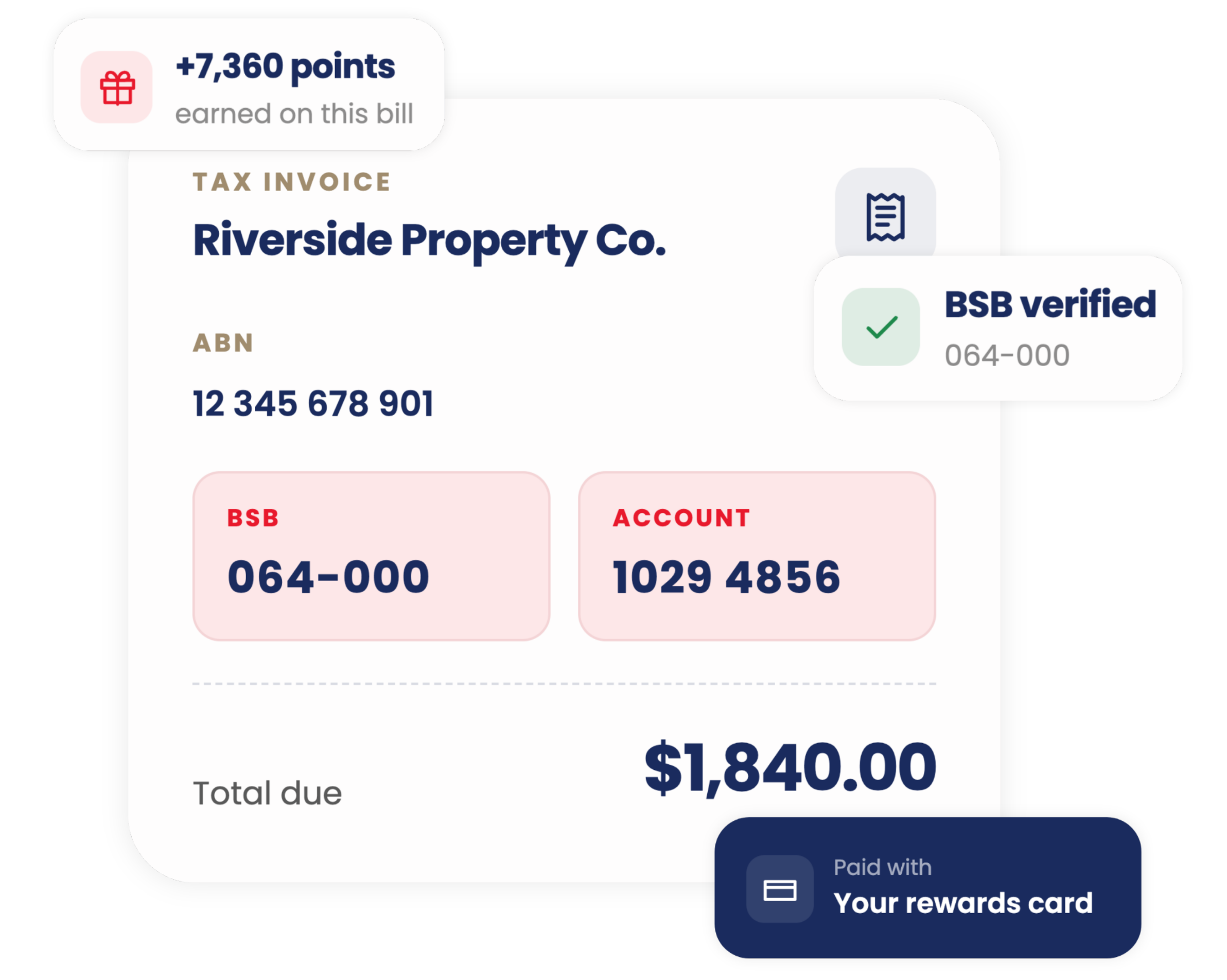 Sniip invoice showing BSB, account number, points earned and payment method