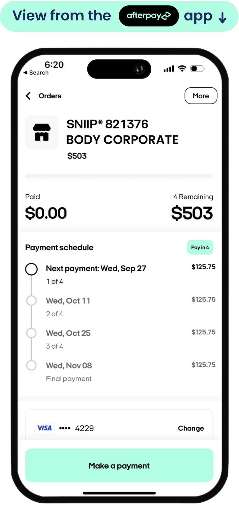 View from the Afterpay app showing a Sniip bill split into 4 interest-free payments