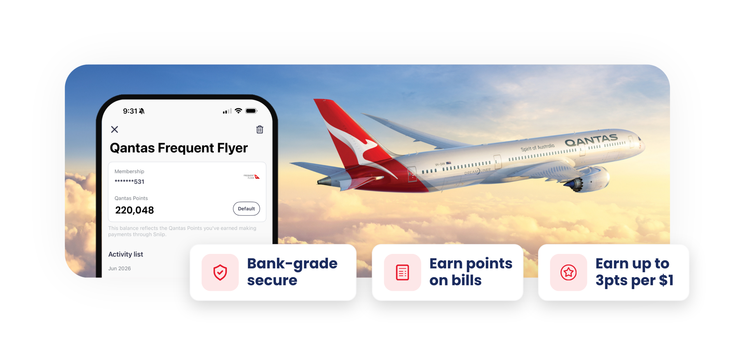 The Sniip app showing a Qantas Frequent Flyer membership card and points balance, over a Qantas aircraft, with feature highlights: bank-grade secure, earn points on bills, earn up to 3pts per $1