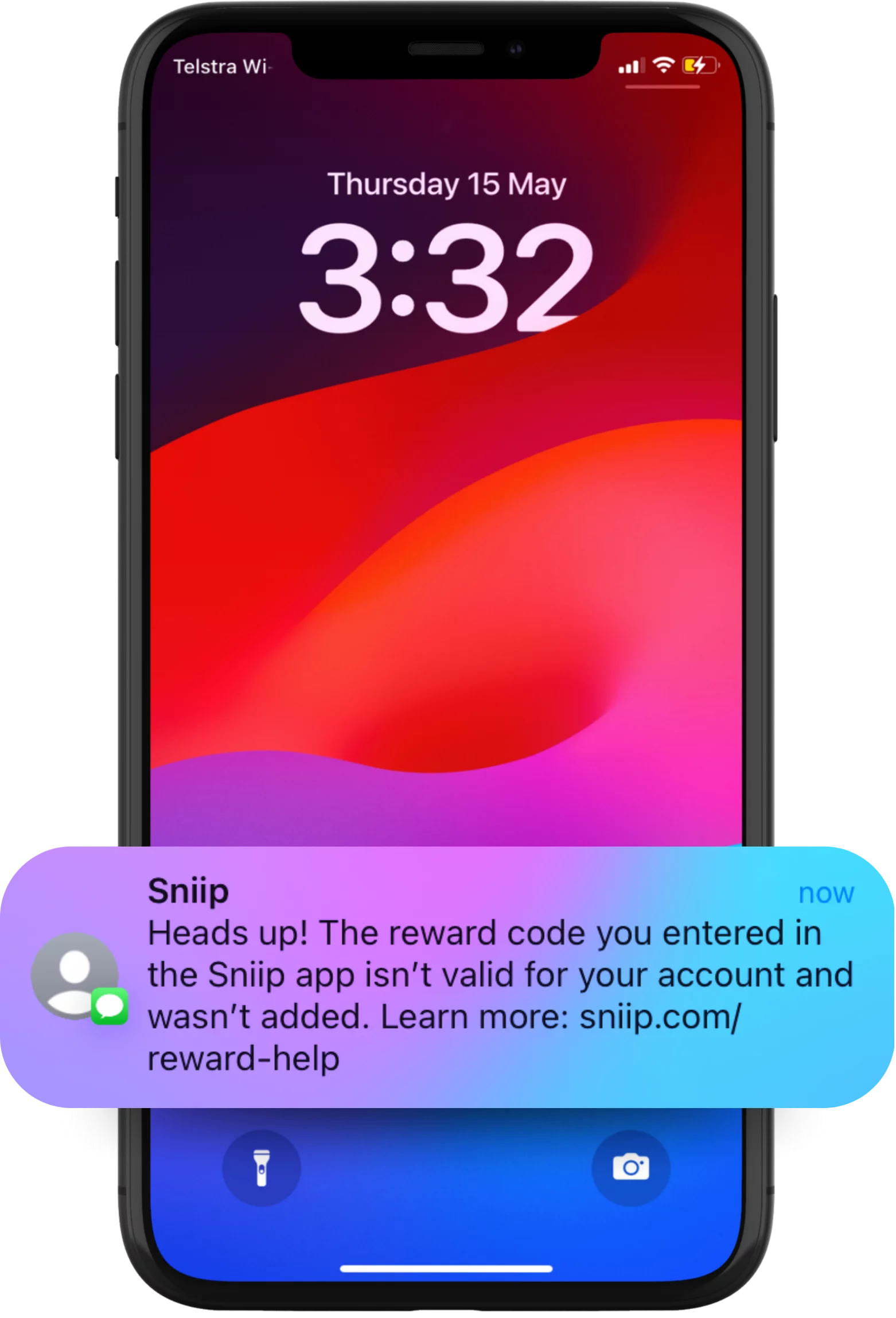 Screenshot of the Sniip reward text message