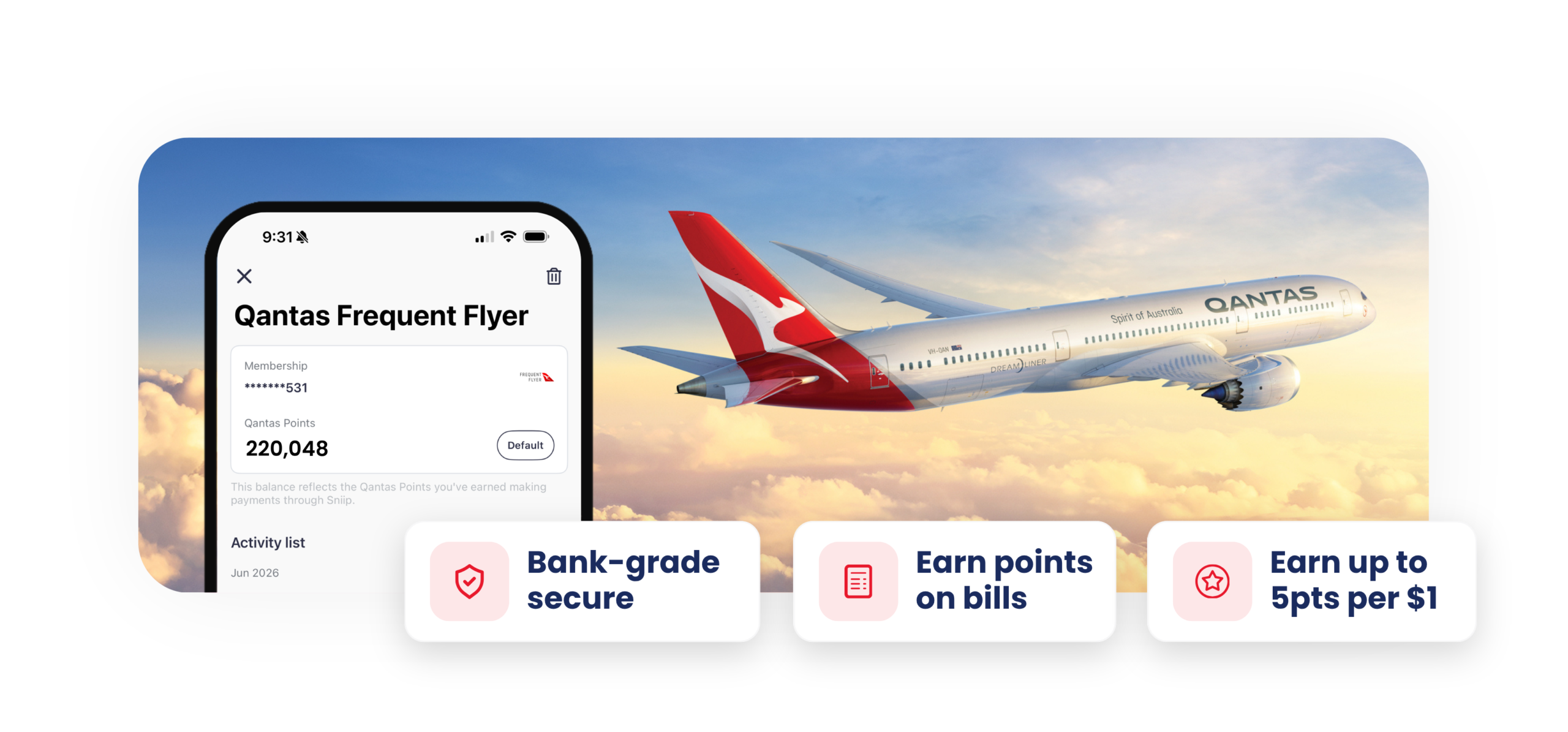 The Sniip app showing a Qantas Frequent Flyer membership card and points balance, over a Qantas aircraft, with feature highlights: bank-grade secure, earn points on bills, earn up to 3pts per $1