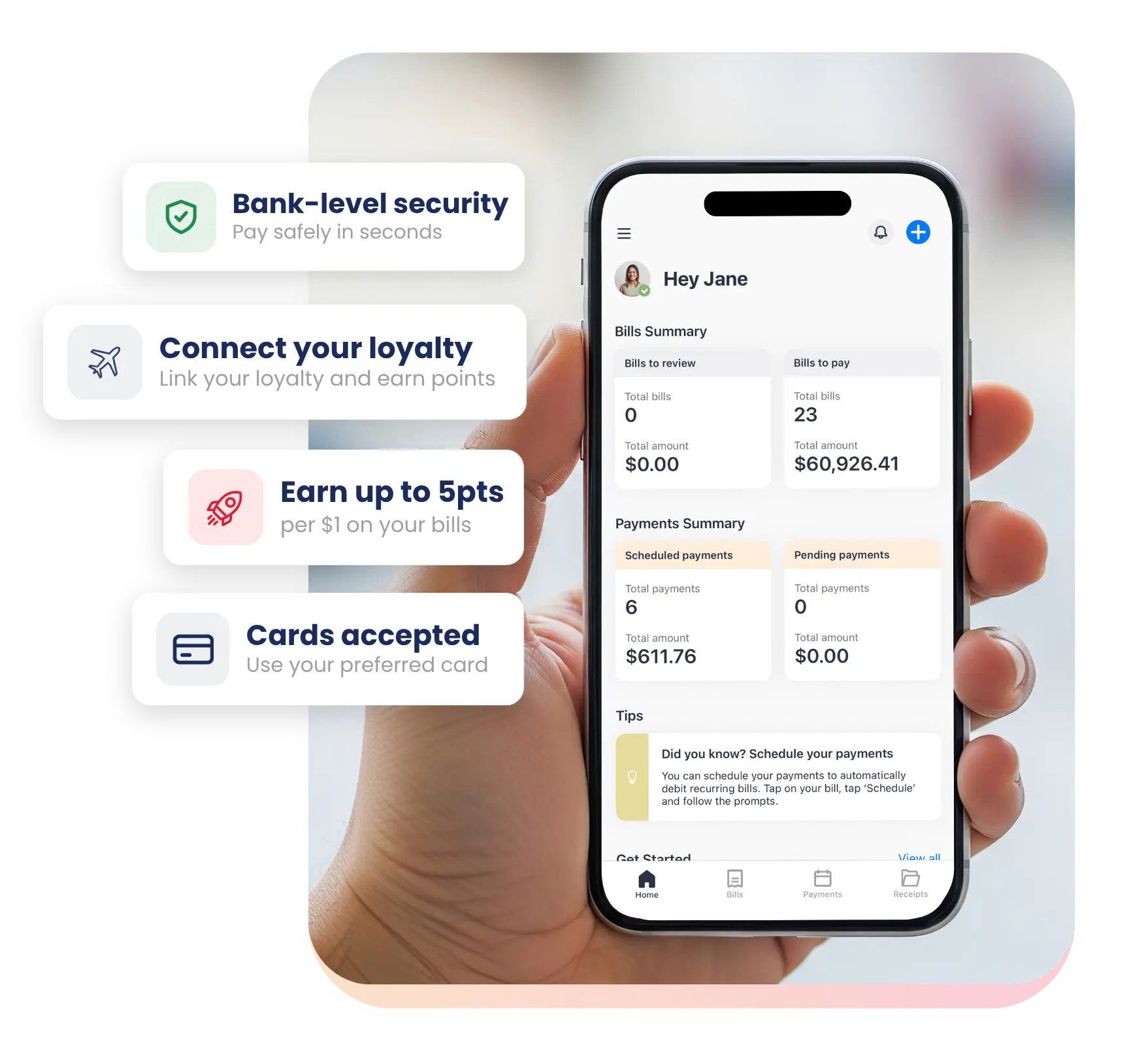 A hand holding the Sniip app dashboard: bills and payments summary, with bank-level security, loyalty, up-to-4pts earning and accepted cards