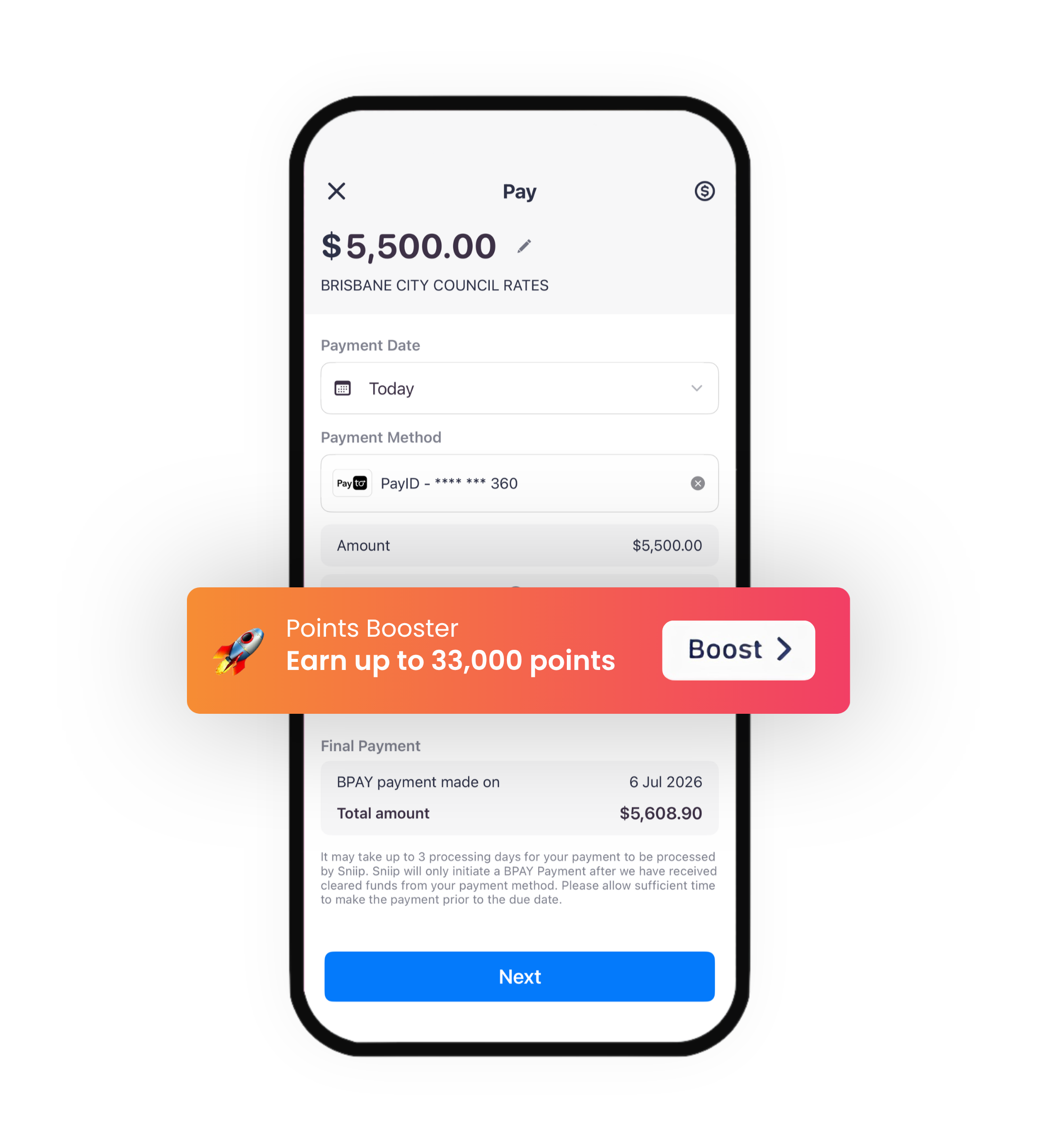 Sniip app paying Brisbane City Council rates, with a Points Booster prompt